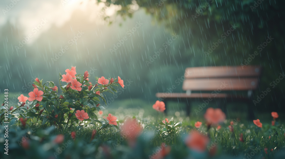 Obraz premium Peaceful garden scene with vibrant orange flowers and rustic bench during gentle spring rain