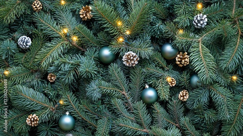 A close-up view of beautiful fir tree branches adorned with festive baubles, Christmas ornaments, and twinkling lights.  photo