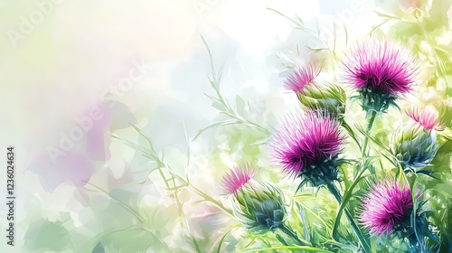 Delicate thistle flowers, soft light background, nature backdrop, digital art, poster photo