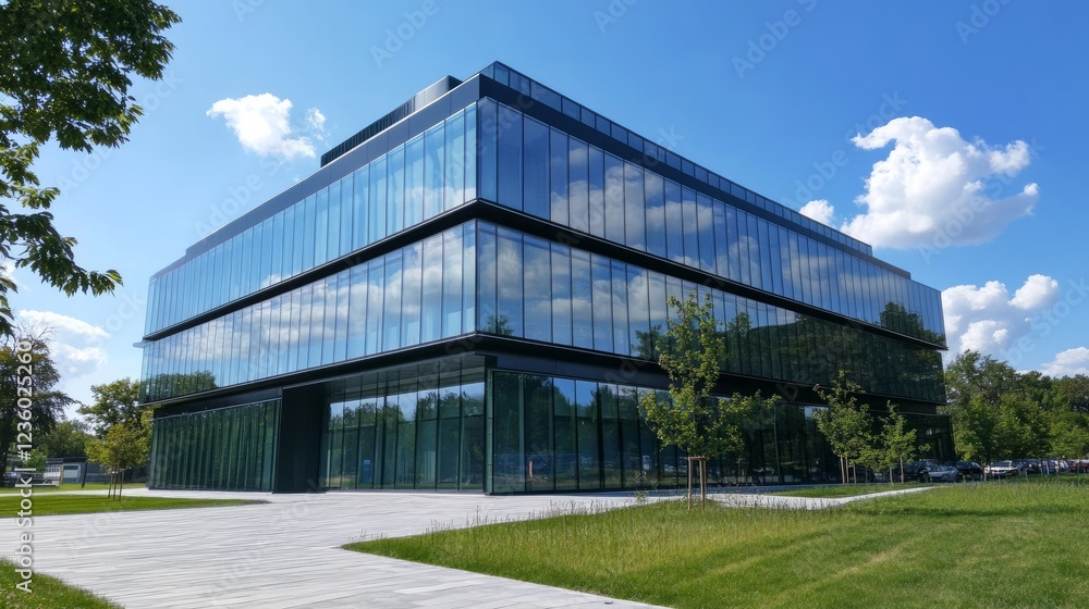 Glass building with green trees and blue sky in the background, eco-friendly office space concept Glass building with green trees and blue sky in the background, eco-friendly office space concept