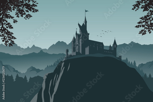 Silhouette landscape of fantasy castle on a hill at sunset