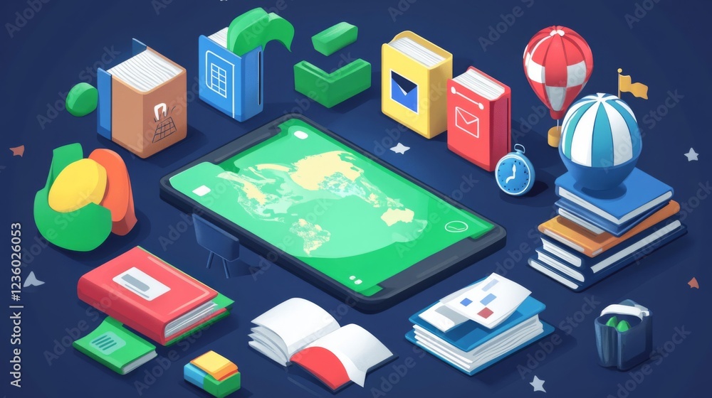 Global Education App Concept: Isometric Illustration of Books, Smartphone, and World Map Global Education App Concept: Isometric Illustration of Books, Smartphone, and World Map