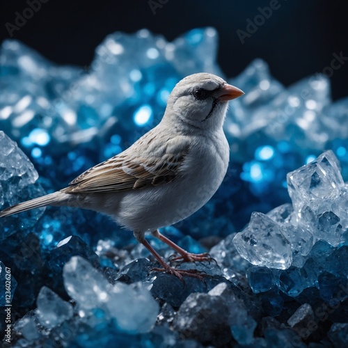 A white sparrow sitting on a crystal formation glowing with magical blue light.