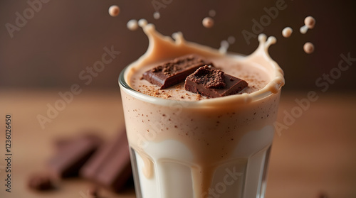 Chocolate chunk milkshake: refreshing yogurt smoothie with drops and splashes against the backdrop of a cozy cafe.