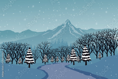 Serene Winter Wonderland, Snowy Forest Landscape wit Trees and Evergreens Under a Starry Sky