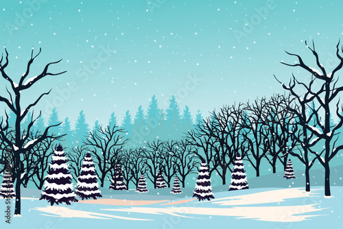 Serene Winter Wonderland, Snowy Forest Landscape wit Trees and Evergreens Under a Starry Sky