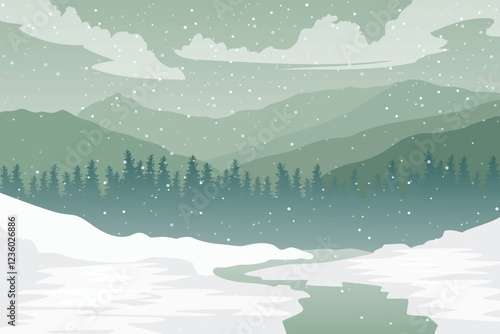 Serene Winter Wonderland, Snowy Forest Landscape wit Trees and Evergreens Under a Starry Sky