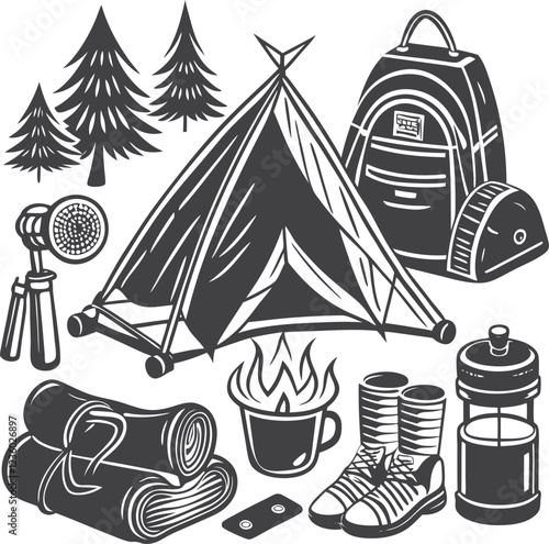 Tourist recreation location and vacation type items with campfire, roadtrip and family tour mini scene vector illustration