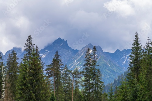 Fototapeta Naklejka Na Ścianę i Meble -  View of the peaks of the Tatra Mountains in Poland. Beautiful landscape with mountains and clouds.