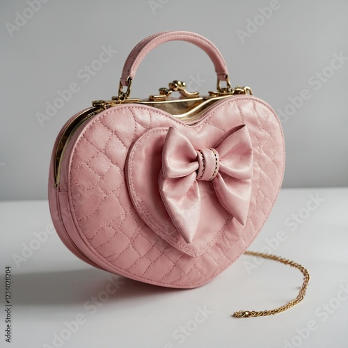 A heart-shaped pink purse with adorable bow accents, glowing on white.