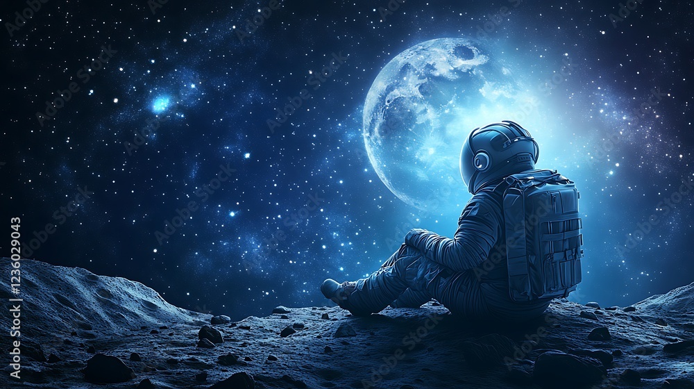 Obraz premium Astronaut meditating on moonlit asteroid