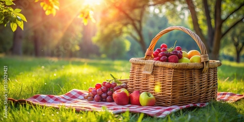 A wicker basket overflowing with fresh fruit nestled on a red and white checkered picnic blanket in a lush green meadow bathed in the golden glow of the setting sun.