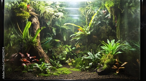 Lush Tropical Rainforest Terrarium Ecosystem in Glass Enclosure