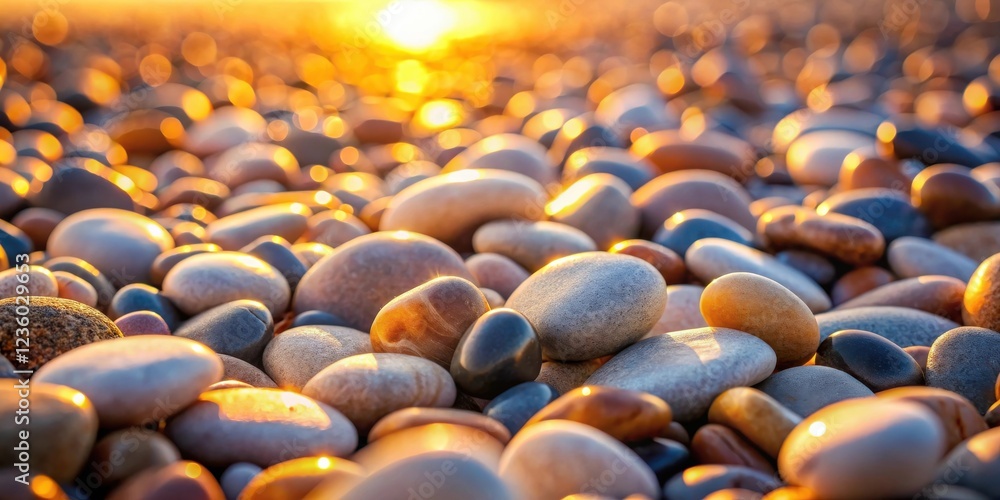 Fototapeta premium Smooth, rounded pebbles bathed in the warm glow of the setting sun, creating a mosaic of golden hues.
