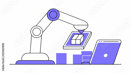 A robotic arm is depicted lifting a cube-shaped object, positioned near a laptop and several block-like shapes. The scene suggests a technological or industrial setting.AI