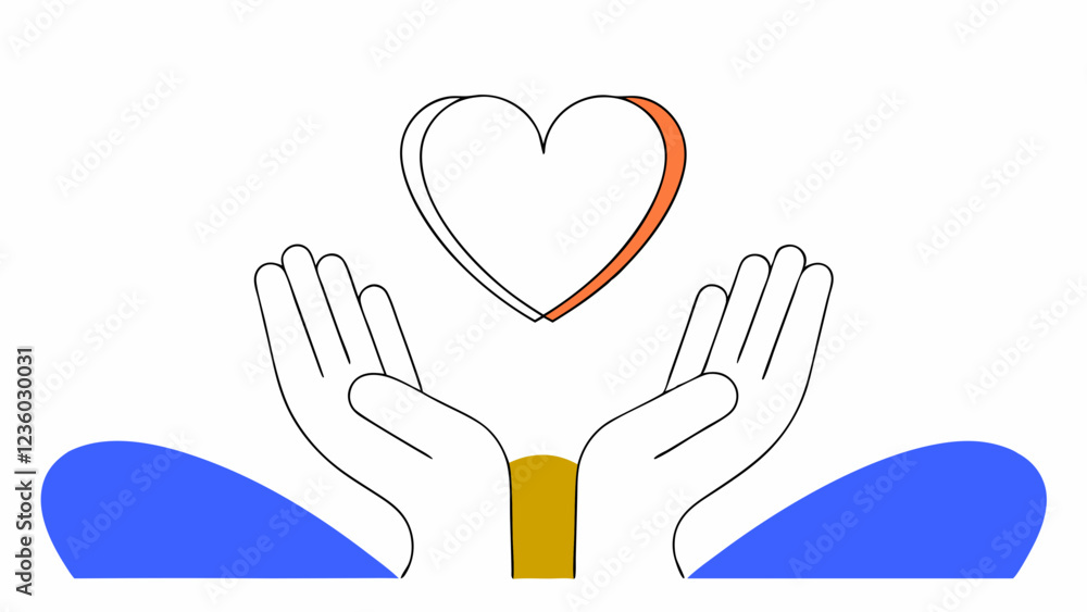 Two open hands are positioned beneath a heart, symbolizing care and support. The scene is set against a simple white backdrop with blue and gold accents.AI Two open hands are positioned beneath a heart, symbolizing care and support. The scene is set against a simple white backdrop with blue and gold accents.AI