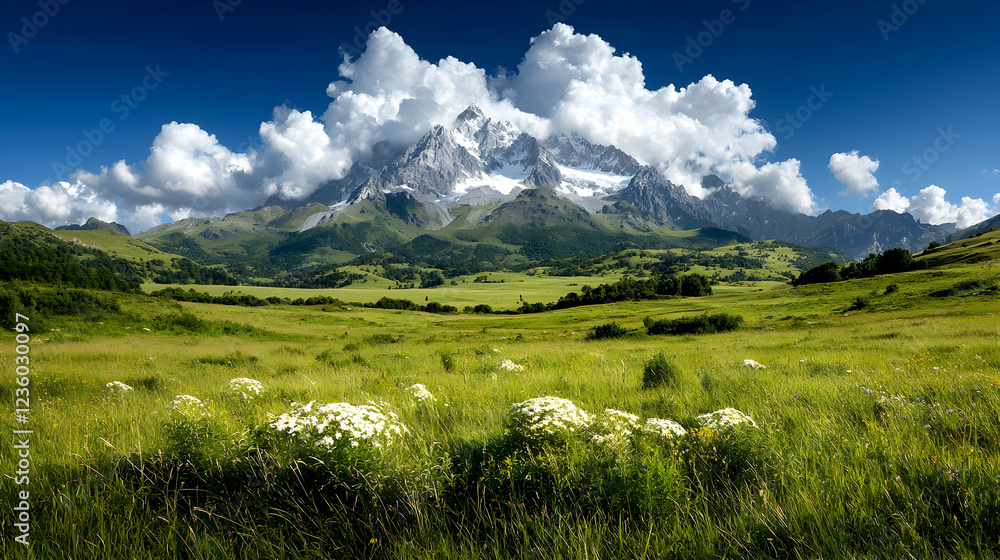 Obraz premium Snow-capped mountain peak towers over a lush green meadow filled with white wildflowers under a blue sky with fluffy clouds.