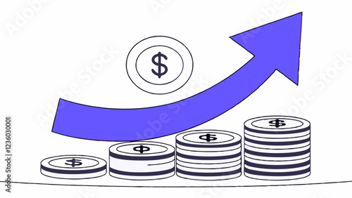 A series of stacked coins with dollar signs symbolizes financial growth, reinforced by a large upward arrow. The coins increase in height from left to right, indicating profit or savings increase.AI