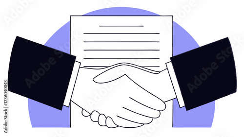 A handshake occurs in front of a document, suggesting a completed agreement or contract. The background features a light purple semicircle, complementing the black and white illustration.AI
