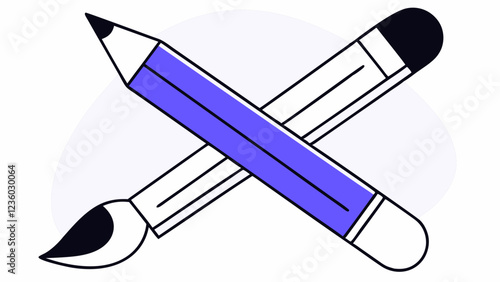 A graphic features a blue pencil and paintbrush crossed over each other. The background is a simple, light gray shape that enhances the focus on the artistic tools.AI