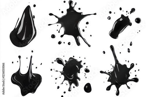 Black paint splatter designs with unique organic shapes and fluid patterns for use in creative projects and artistic expressions. Perfect for graphic design and digital art applications photo