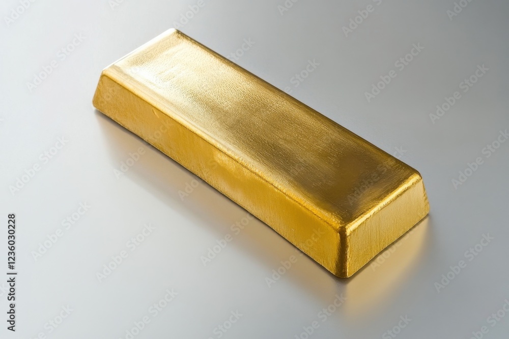 A gleaming gold bar rests on a neutral surface A gleaming gold bar rests on a neutral surface