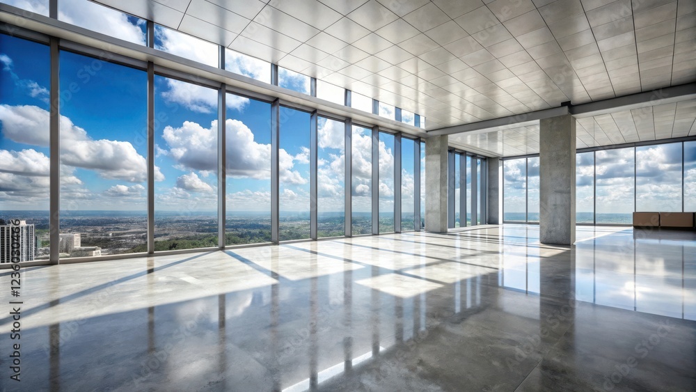 An expansive, light-filled office space with panoramic city views and concrete columns, offering a modern and inspiring environment for work and collaboration. An expansive, light-filled office space with panoramic city views and concrete columns, offering a modern and inspiring environment for work and collaboration.