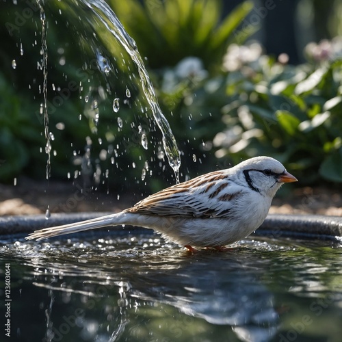 A white sparrow bathing in a glistening fountain in a fairy-tale garden.
