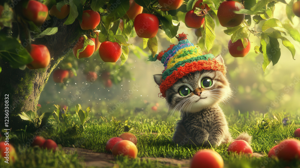 A cat wearing a hat, under an apple tree A cat wearing a hat, under an apple tree