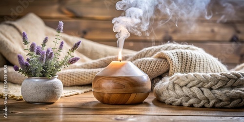 Aromatic Candle Diffuser with Soft Knitted Blanket and Lavender Flowers in a Vase on a Wooden Table