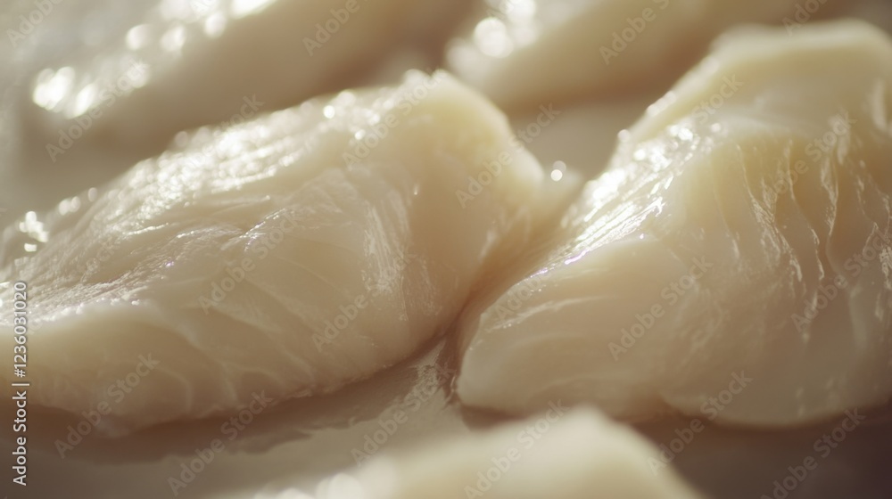 Freshly sliced fish fillets arranged neatly on a clean surface, showcasing their texture and color Freshly sliced fish fillets arranged neatly on a clean surface, showcasing their texture and color