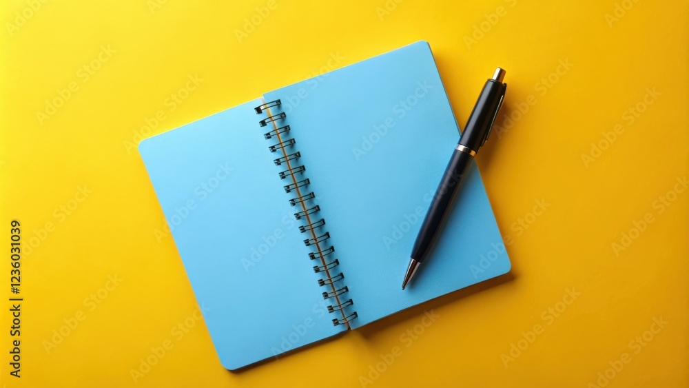 A blank blue spiral notebook and a black pen on a bright yellow background, ready for inspiration and ideas. A blank blue spiral notebook and a black pen on a bright yellow background, ready for inspiration and ideas.