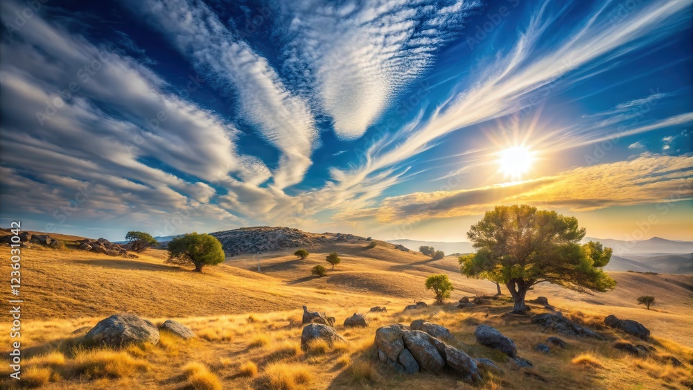 A golden sunset casts long shadows over rolling hills, revealing a dramatic sky filled with swirling clouds and a sunburst illuminating the landscape. A golden sunset casts long shadows over rolling hills, revealing a dramatic sky filled with swirling clouds and a sunburst illuminating the landscape.