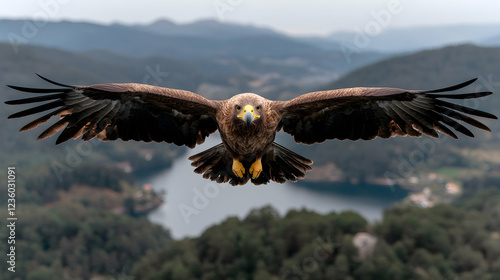 Golden eagle in flight over valley, majestic bird, nature