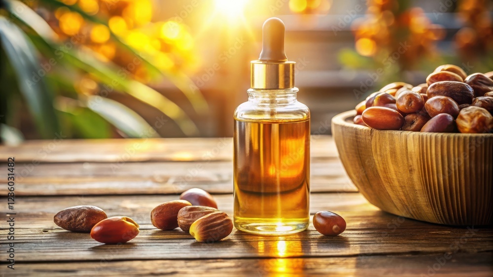 Golden oil in a glass bottle with a dropper and jojoba seeds on a wooden table in the warm afternoon sun. Golden oil in a glass bottle with a dropper and jojoba seeds on a wooden table in the warm afternoon sun.