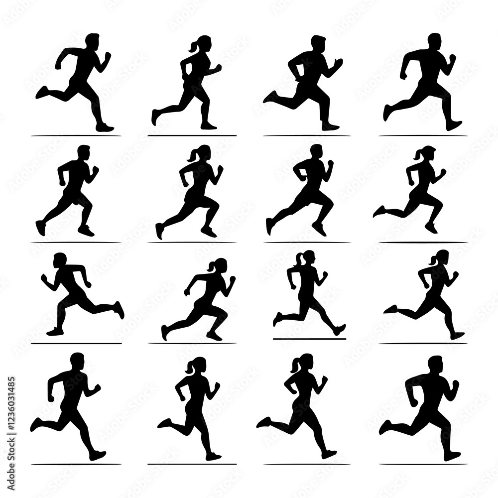 Man and woman runner silhouettes set, large pack of vector silhouette design, isolated white background Man and woman runner silhouettes set, large pack of vector silhouette design, isolated white background