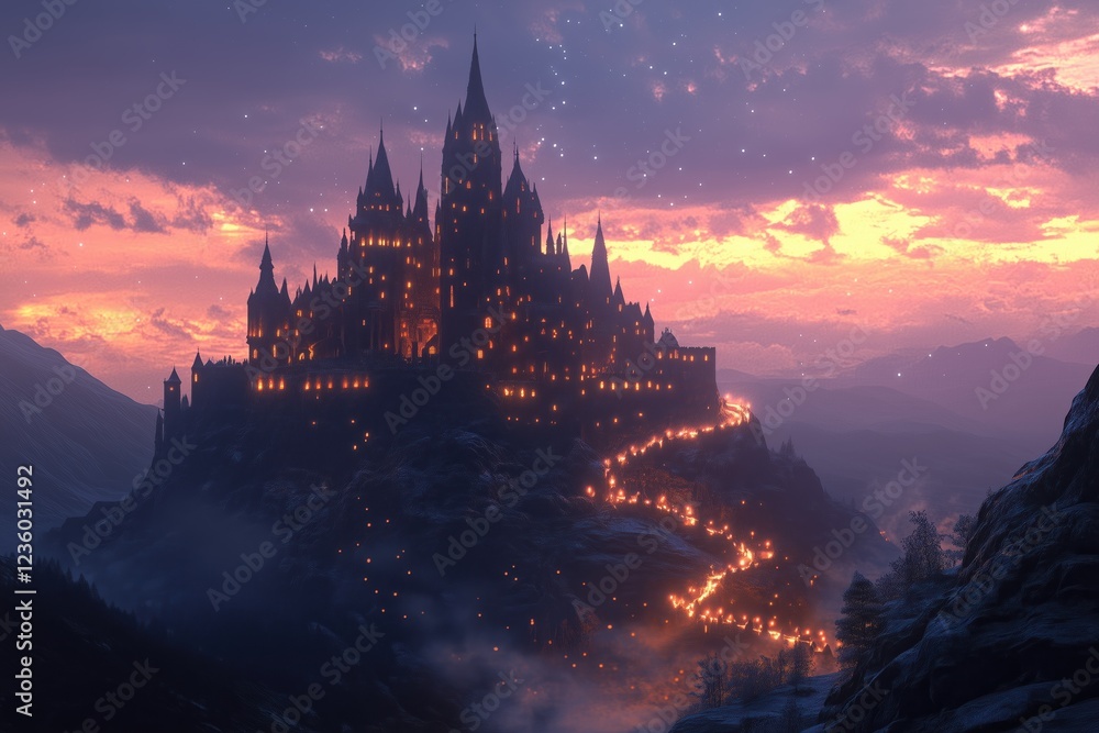 Naklejka premium Grand enchanted castle illuminated by twilight glowing above the mountains