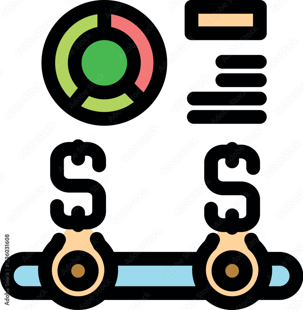 Business analytics visualizing money transfer and market share using colorful pie chart and dollar signs Business analytics visualizing money transfer and market share using colorful pie chart and dollar signs