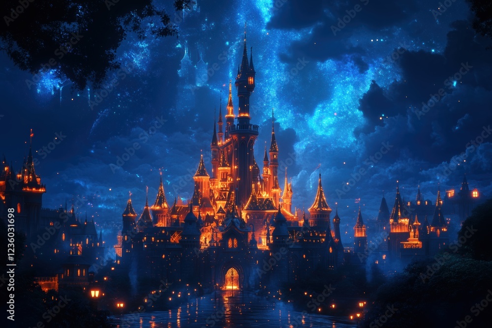 Obraz premium Majestic enchanted castle with spires glowing under a starry night sky
