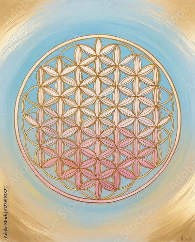 The image shows the Flower of Life, a symbol of sacred geometry.