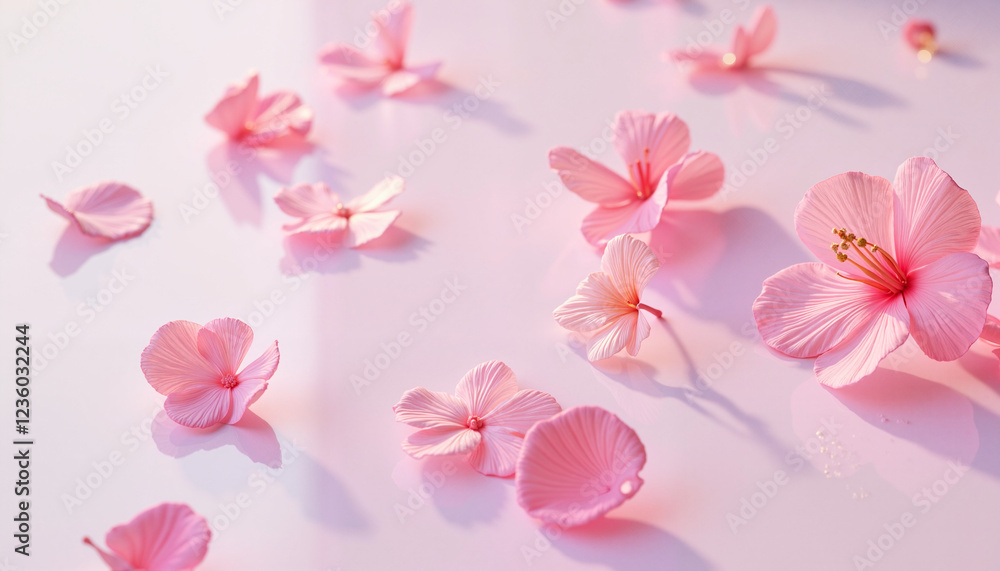 Delicate pink flower petals with a glossy texture and vibrant colors scattered on a reflective surface Delicate pink flower petals with a glossy texture and vibrant colors scattered on a reflective surface