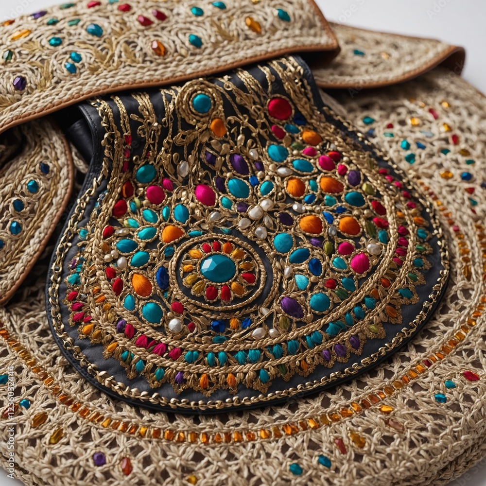 A Moroccan-inspired handbag with intricate embroidery and metal details, isolated on white. A Moroccan-inspired handbag with intricate embroidery and metal details, isolated on white.