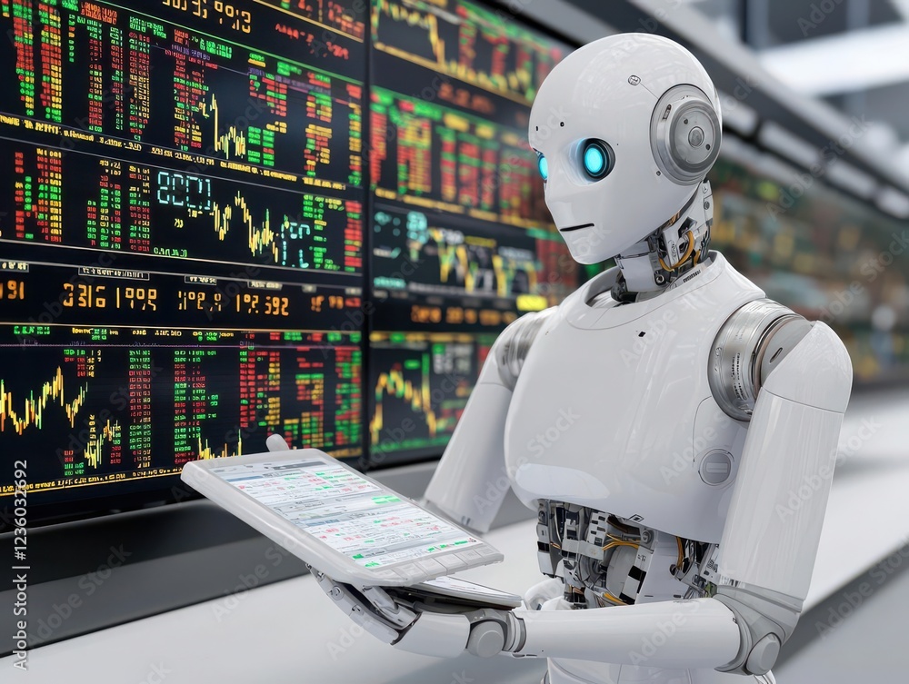 Fototapeta premium A robot analyzing stock market data on a digital interface.