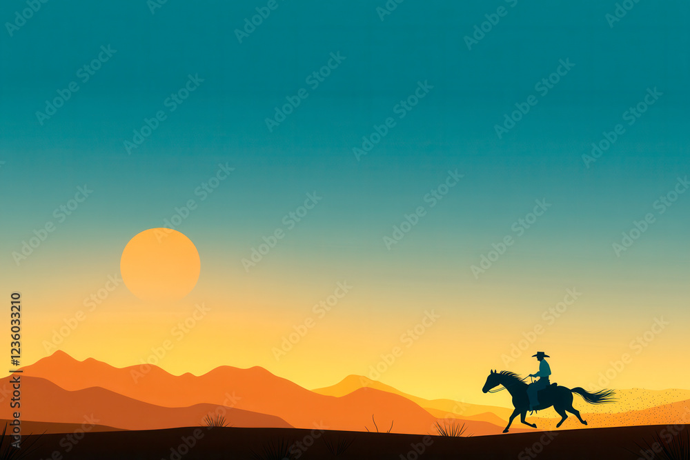 A silhouette of a cowboy riding a horse against a vibrant sunset, with mountains in the background, creating a serene and adventurous atmosphere. A silhouette of a cowboy riding a horse against a vibrant sunset, with mountains in the background, creating a serene and adventurous atmosphere.