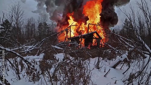 Loop Video of Winter Forest Fire Burning a House, Snow Covering the Landscape with Flames, Generative AI photo