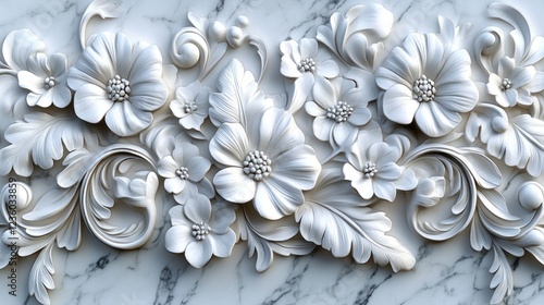 Fototapeta Naklejka Na Ścianę i Meble -  White floral 3D carving marble wall decor