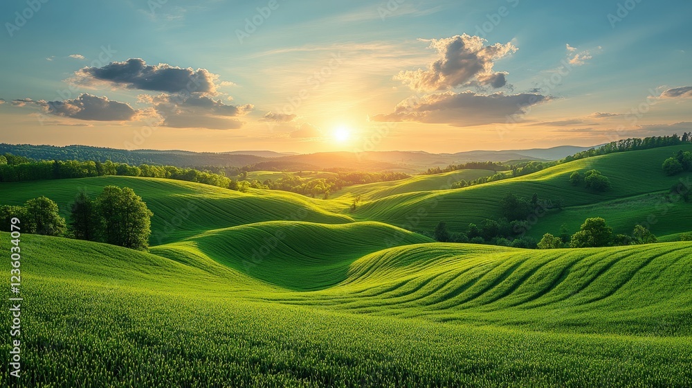 Obraz premium Serene Wide Landscape of Rolling Green Hills Under a Stunning Sunset with Soft Clouds and Warm Light Bathing the Field