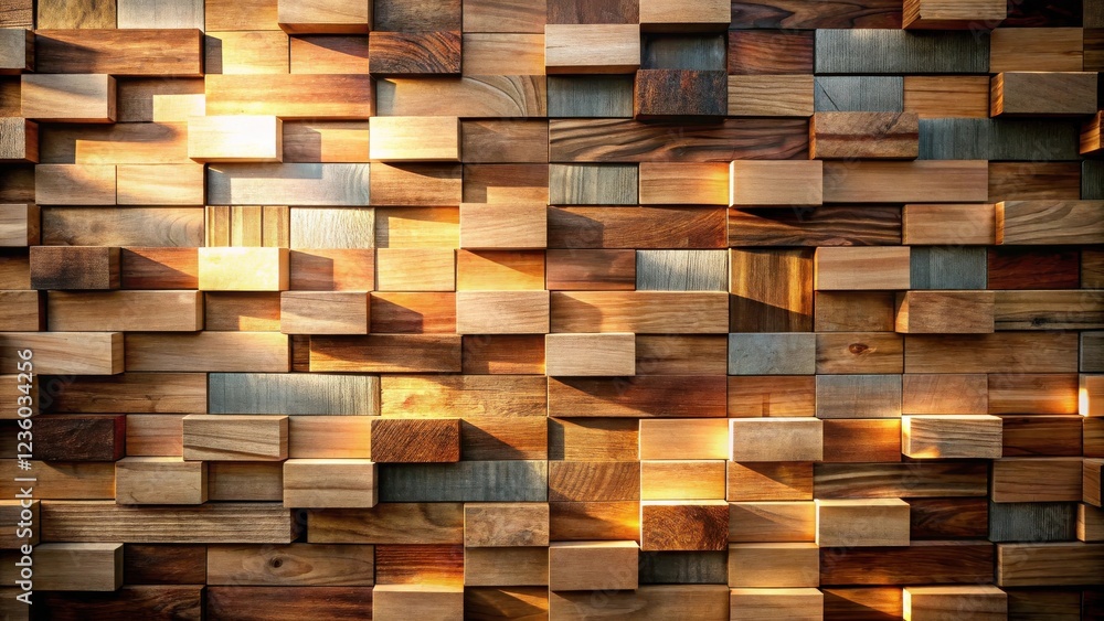 A textured wall constructed from a mosaic of wooden blocks, illuminated by warm sunlight. The various shades of wood create a dynamic, organic pattern. A textured wall constructed from a mosaic of wooden blocks, illuminated by warm sunlight. The various shades of wood create a dynamic, organic pattern.