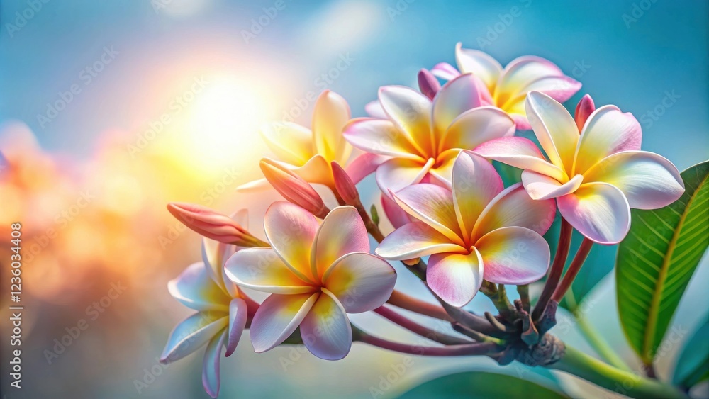 Delicate Frangipani Blossoms Glowing in the Soft Light of the Setting Sun Delicate Frangipani Blossoms Glowing in the Soft Light of the Setting Sun