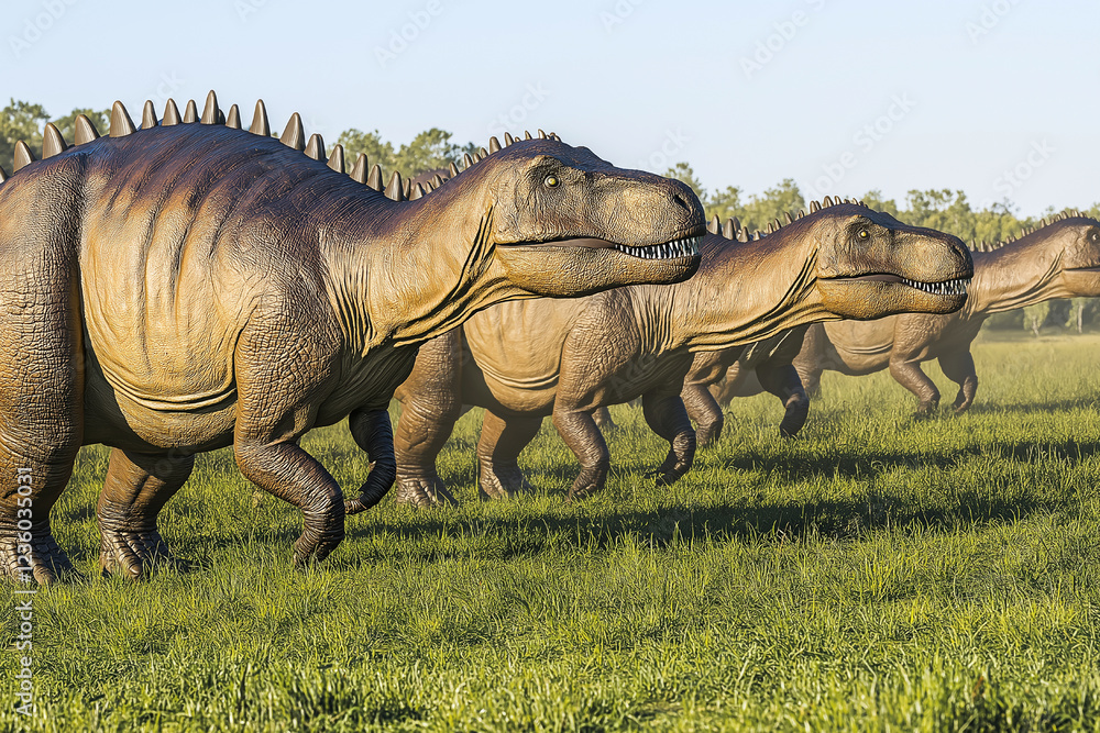 Fototapeta premium Prehistoric Herd: A Line of Majestic Dinosaurs in a Verdant Meadow